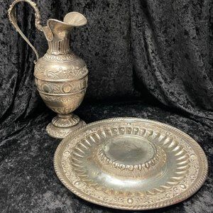 Antique Sterling Silver Water Pitcher Jug & Stand Repousse Hand-Chaised 1077g